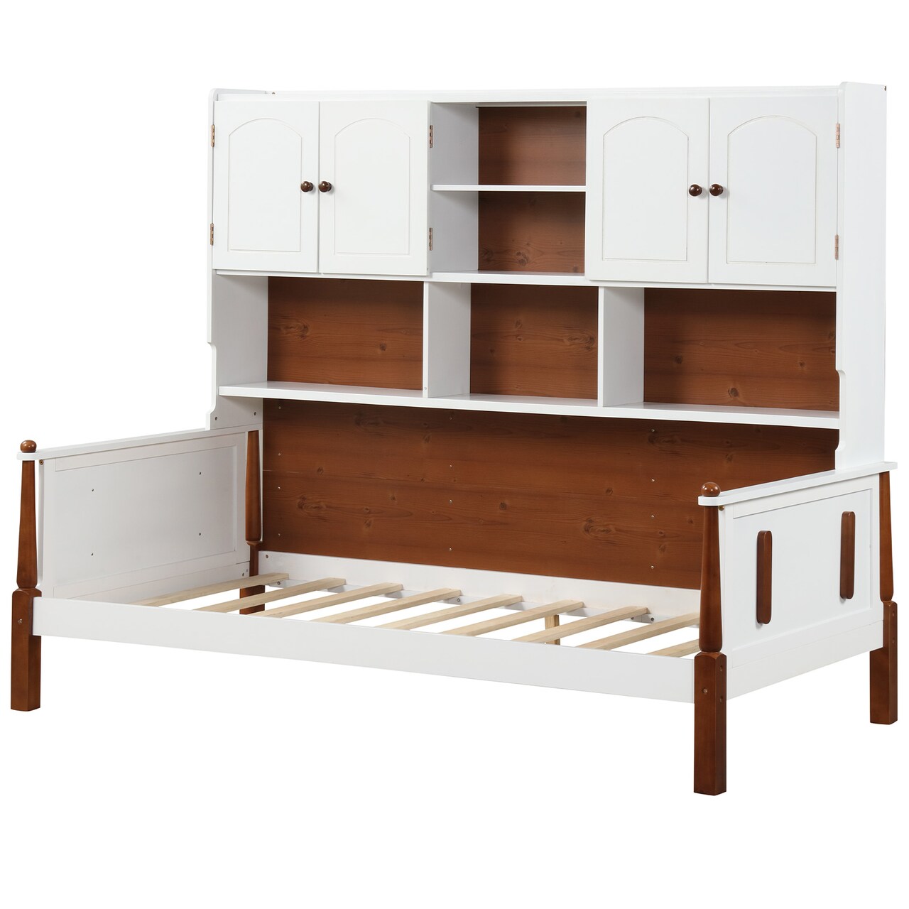 Pine Wood Twin Bed with Bookcase, Storage Shelves and Modern Vintage Design
